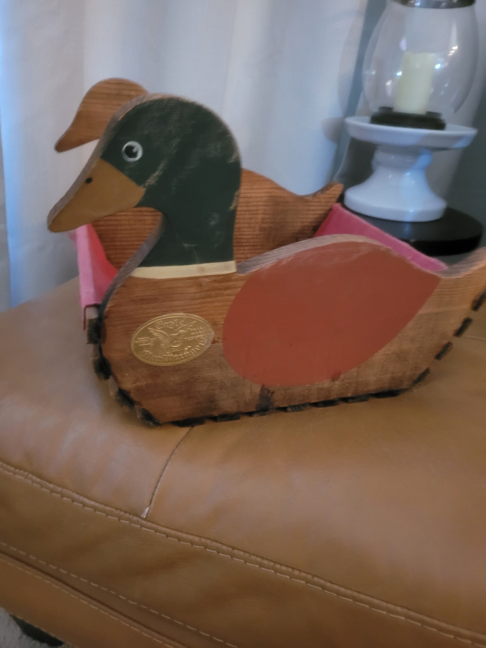 Vintage Sawmill Critters Wooden Mallard Duck Basket Hand Painted Folk Art